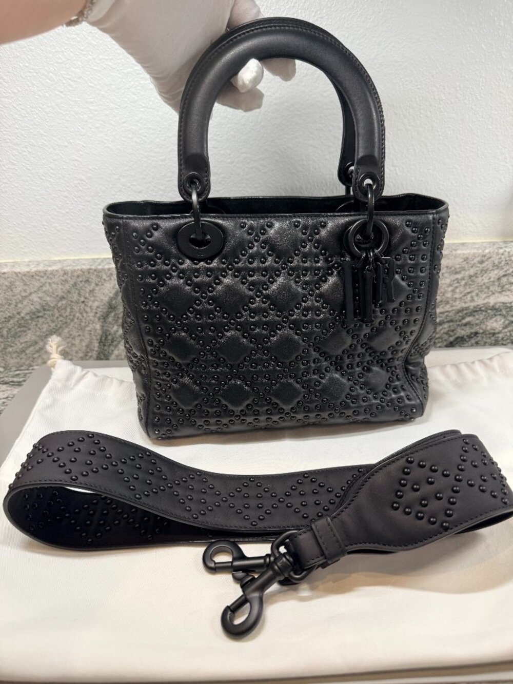 CHRISTIAN DIOR UItra Matte Calfskin Cannage Studded Medium Supple Lady Dior Blk